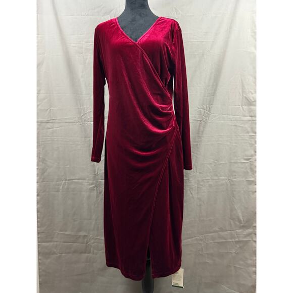 Halara Sangria V Neck Long Sleeve Ruched Split Velvet Midi Casual Dress, Size L - Picture 2 of 7